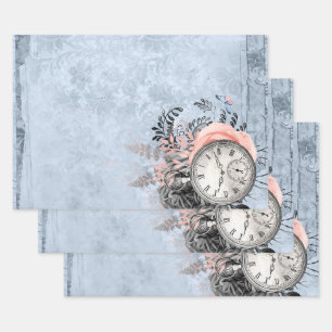 Feuille De Papier Cadeau Horloge vintage et Floral Bleu