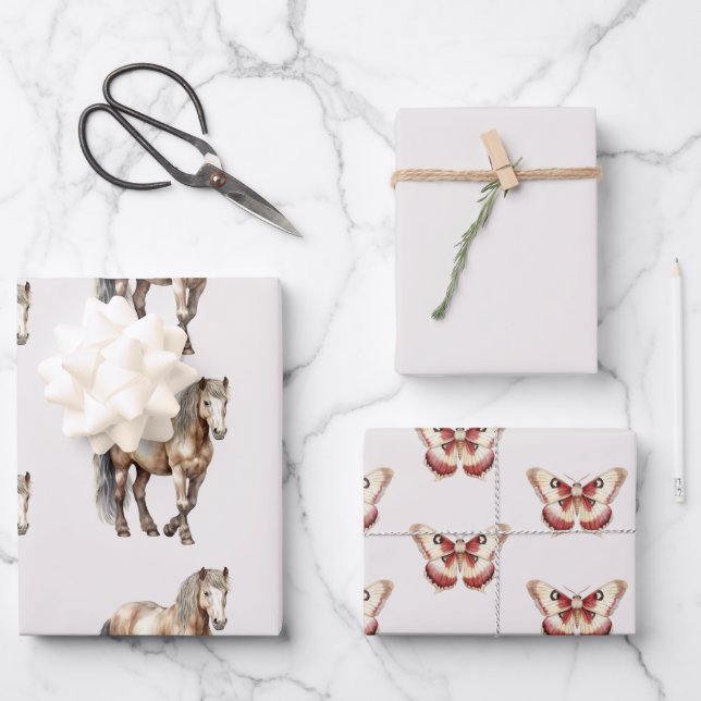 Feuille De Papier Cadeau Horse Burgundy Crème Papillons Anniversaire (Recto)