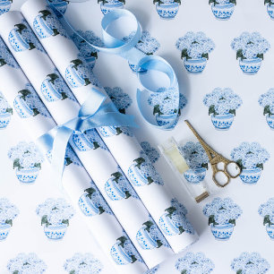 Feuille De Papier Cadeau Hortensias bleus dans un pot de style chinoiserie