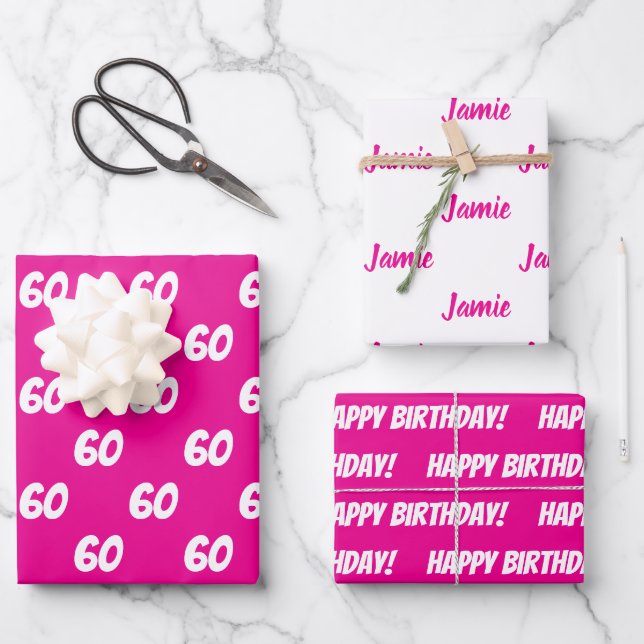 Feuille De Papier Cadeau HOT PINK 60e Joyeux anniversaire Nom personnalisé (Recto)