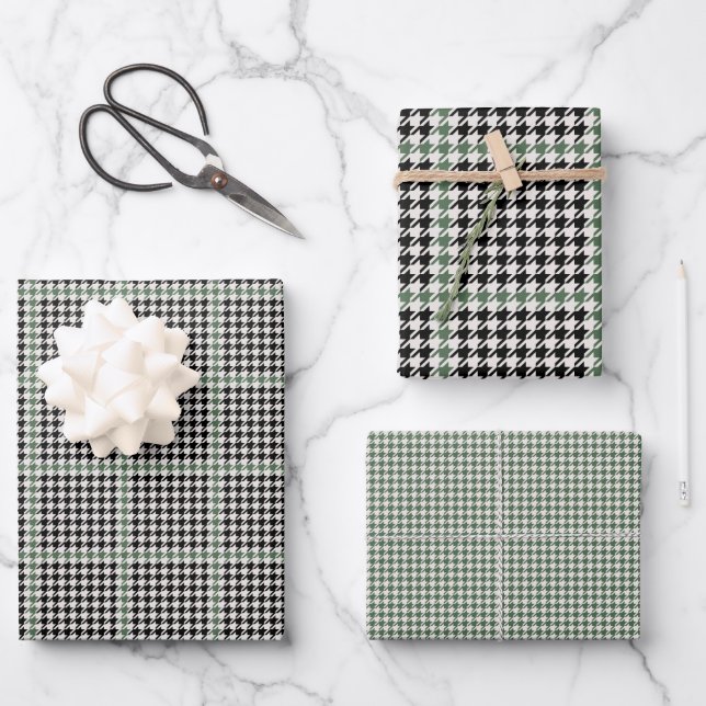 Feuille De Papier Cadeau Houndstooth vacances noir vert (Recto)