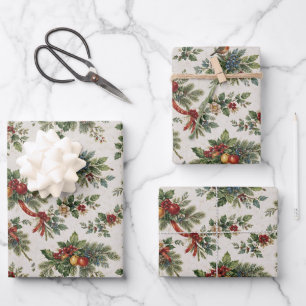 Feuille De Papier Cadeau Houx de Noël traditionnel et Fruits d'hiver