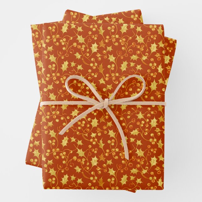 Feuille De Papier Cadeau Houx doré (En situation)