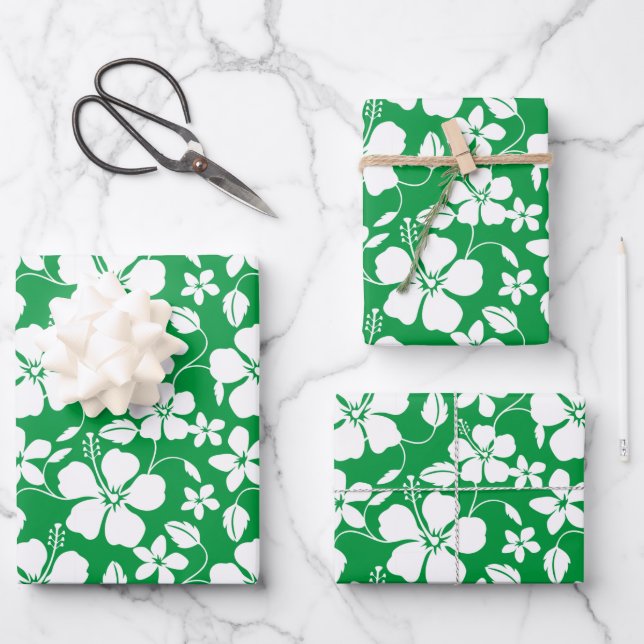 FEUILLE DE PAPIER CADEAU HULA HAÏIENNE (HIBISCUS) VERT (Recto)