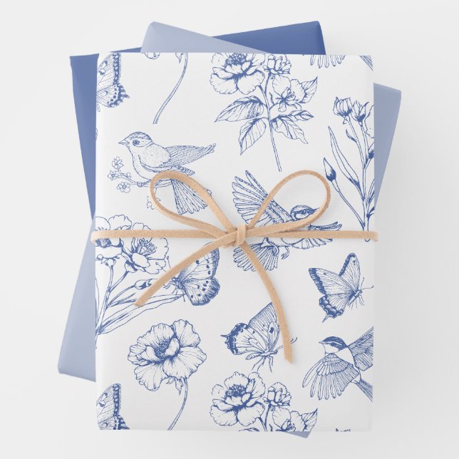 Feuille De Papier Cadeau Hummingbird & Butterfly Floral Toile Bleu Envelopp (En situation)