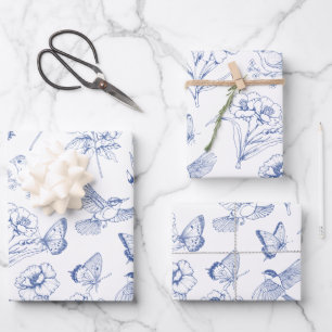 Feuille De Papier Cadeau Hummingbird & Butterfly Floral Toile Bleu Envelopp