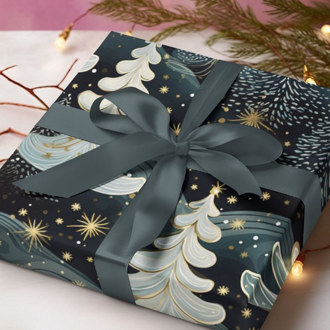 Feuille De Papier Cadeau Hunter Green Gold Brossé Stars Motif de vacances (Whimsical hinter green trees and gold stars at Christmas for the winter season wrapping paper.)