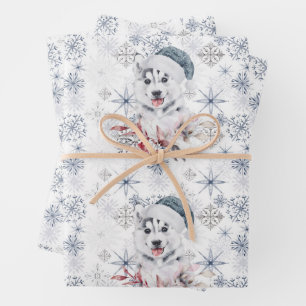 Feuille De Papier Cadeau Husky Cute Bleu Santa Chapeau Snowflakes Noël