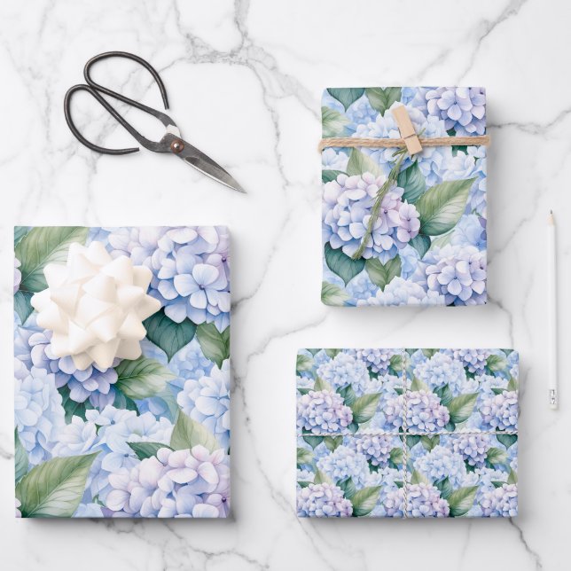 Feuille De Papier Cadeau Hydrangea Bleue Élégante (Recto)