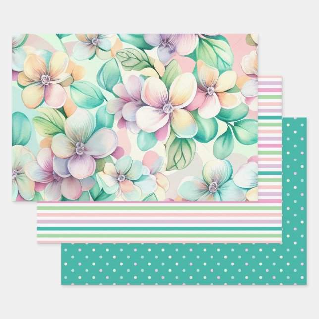 Feuille De Papier Cadeau Hydrangea de printemps Turquoise et rose (Lot)