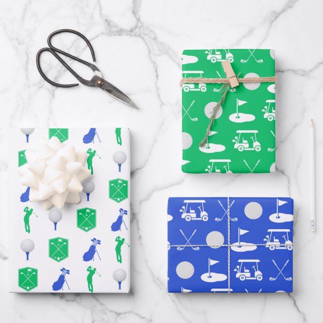 Feuille De Papier Cadeau Icônes de golf bleu et vert (Recto)