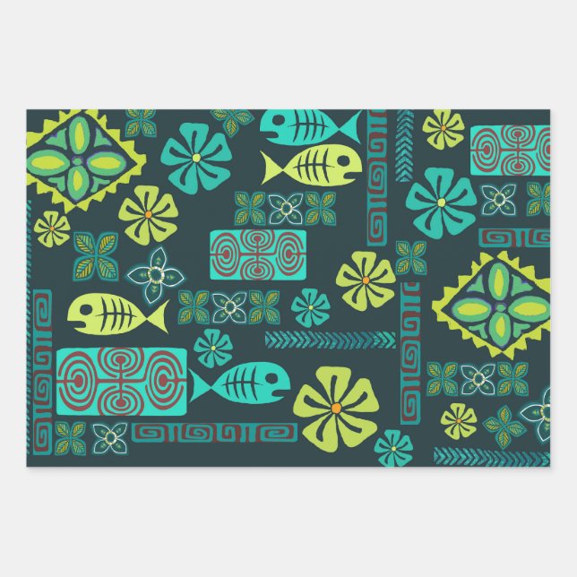 Feuille De Papier Cadeau Icônes hawaïennes colorées (Devant)