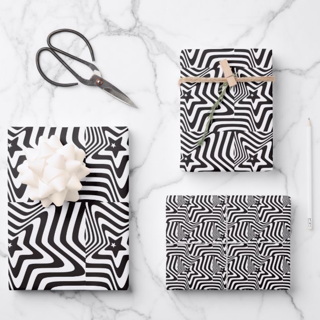 Feuille De Papier Cadeau illusion d'étoile noire et blanche (Recto)