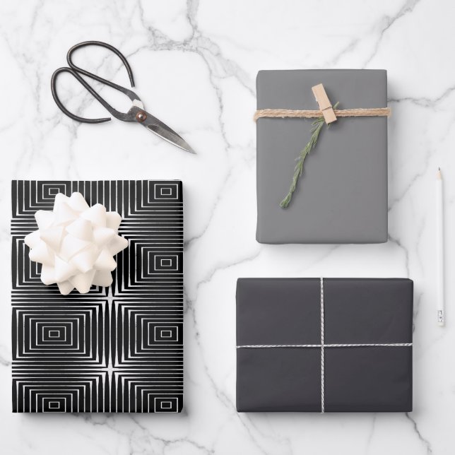 Feuille De Papier Cadeau Illusion géométrique noir et blanc (Recto)