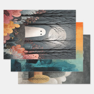 Feuille De Papier Cadeau Illustration de fantôme lunaire Éffrayant mignon H
