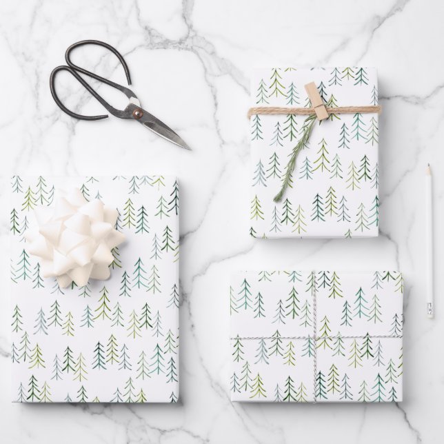 Feuille De Papier Cadeau Illustration de l'arbre de pin aquarelle  (Recto)