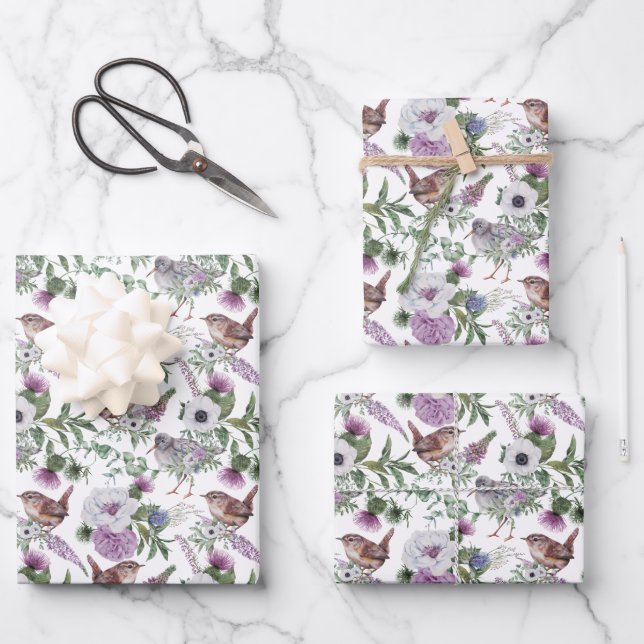 Feuille De Papier Cadeau Illustration de oiseaux chanteurs violets et verts (Recto)