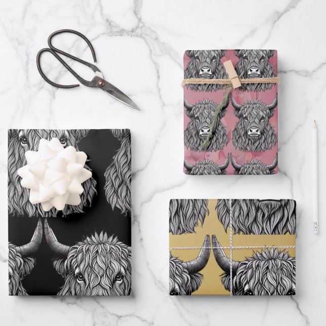 Feuille De Papier Cadeau Illustration écossaise du taureau des Highlands (Recto)