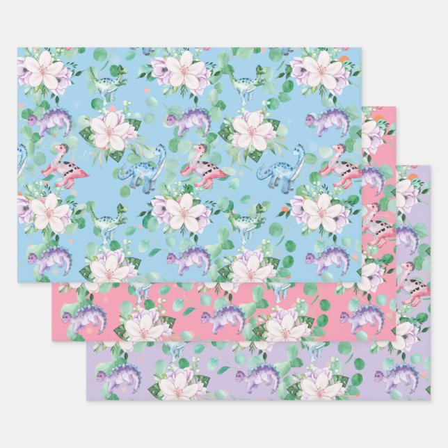 Feuille De Papier Cadeau Illustration florale de dinosaure de Cute enfants (Lot)