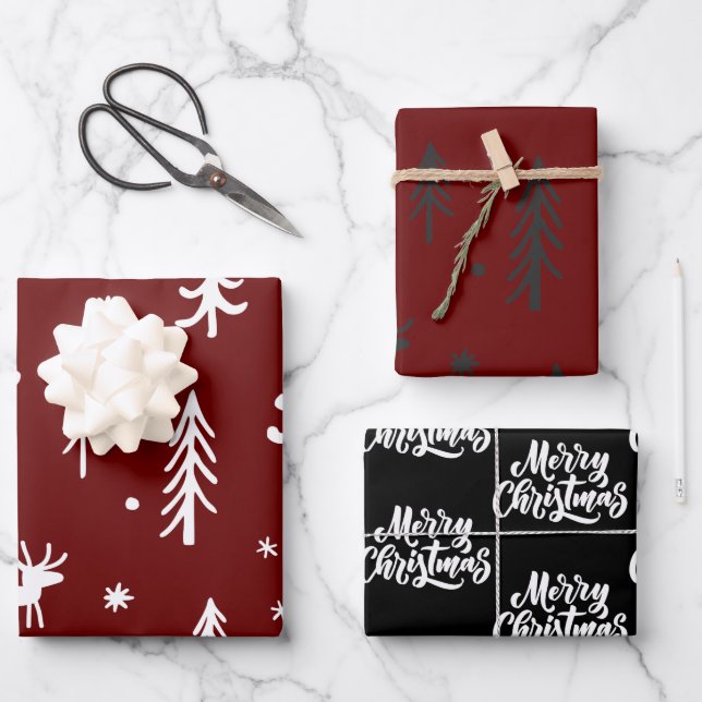 Feuille De Papier Cadeau Illustrations Arbres blancs Motif de Noël rouge (Recto)