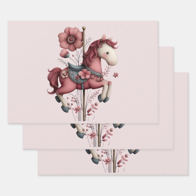 Feuille De Papier Cadeau Image de cheval de carrousel fantaisiste (Lot)