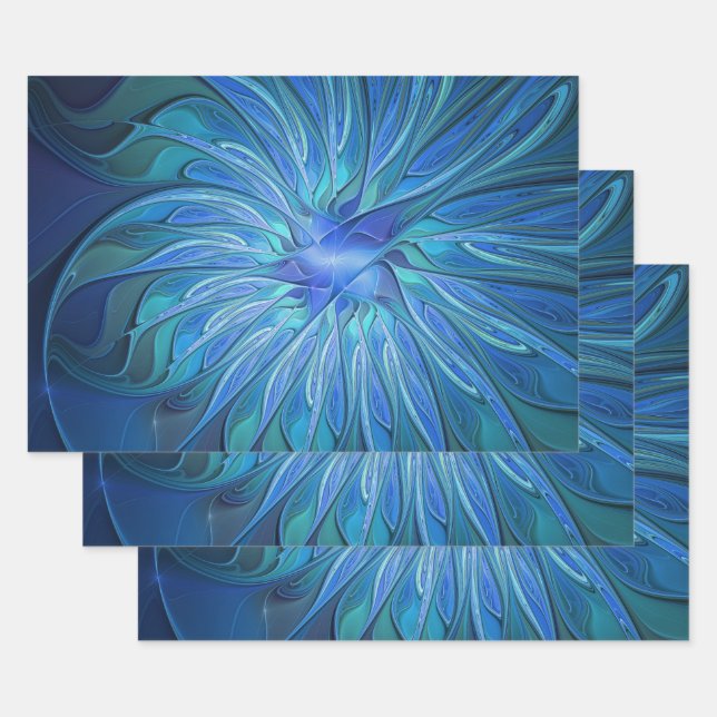 Feuille De Papier Cadeau Imaginaire Fleur Bleue Motif, Art Fractal Abstrait (Lot)