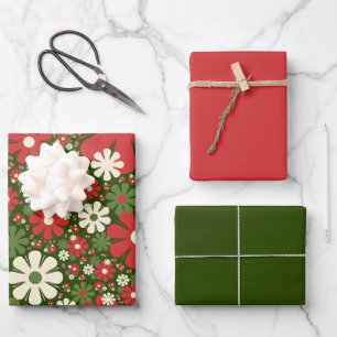Feuille De Papier Cadeau Imaginaire Floral de Noël rétro Motif Rouge Vert
