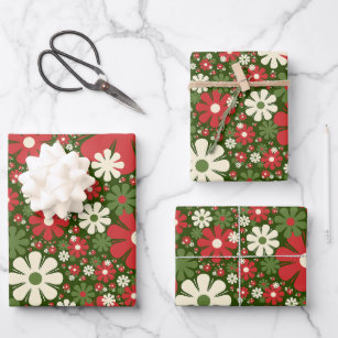 Feuille De Papier Cadeau Imaginaire Floral de Noël rétro Motif Rouge Vert
