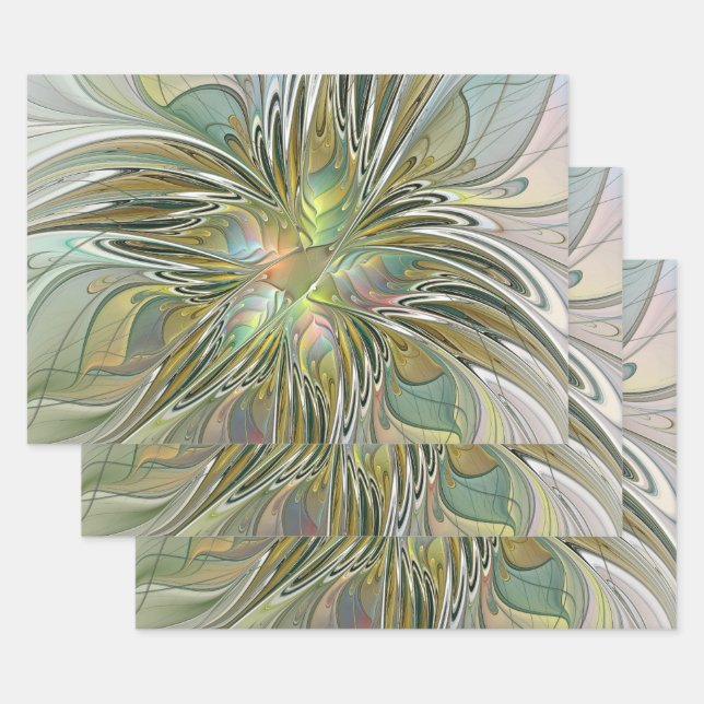 Feuille De Papier Cadeau Imaginaire Floral Fleur Art Fractal Moderne Avec O (Lot)