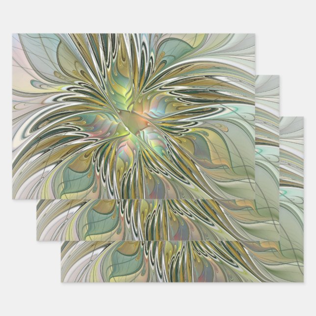 Feuille De Papier Cadeau Imaginaire Floral Fleur Art Fractal Moderne Avec O (Lot)