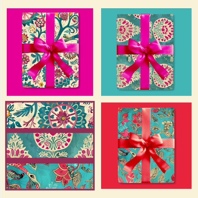 Feuille De Papier Cadeau Impression Batik Turquoise et Rose (Créateur téléchargé)