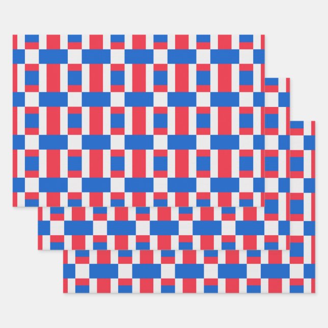 Feuille De Papier Cadeau Impression Blocée Rouge Blanc Et Bleu (Lot)