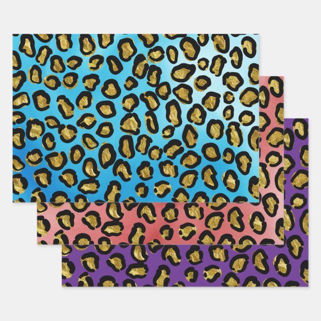 Feuille De Papier Cadeau Impression d'animal léopard bleu, rose, violet amu (Lot)