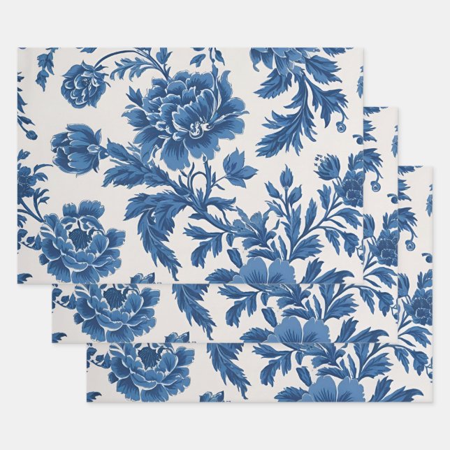 Feuille De Papier Cadeau Impression florale d'inspiration victorienne bleue (Lot)