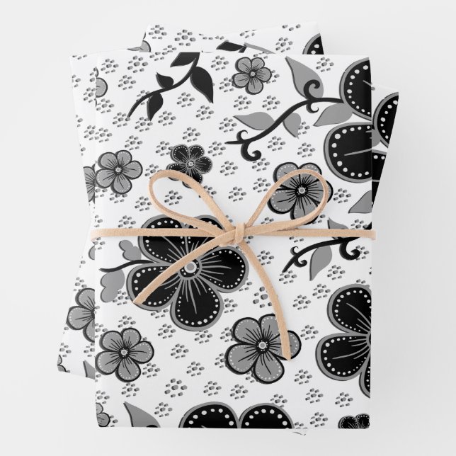 Feuille De Papier Cadeau Impression florale noire et blanche (En situation)