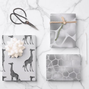 Feuille De Papier Cadeau Impression Giraffe Bleue Argent