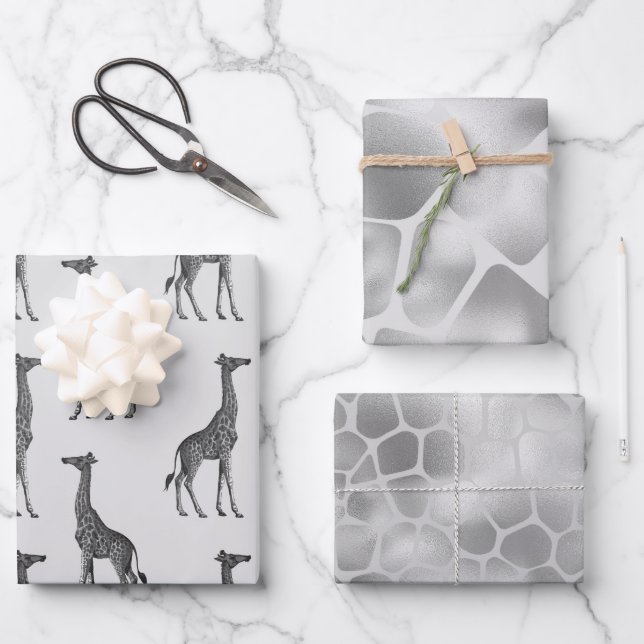 Feuille De Papier Cadeau Impression Giraffe Bleue Argent (Recto)