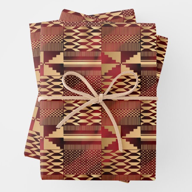 Feuille De Papier Cadeau Impression Kwanzaa Kente (Rouge/Or) (En situation)