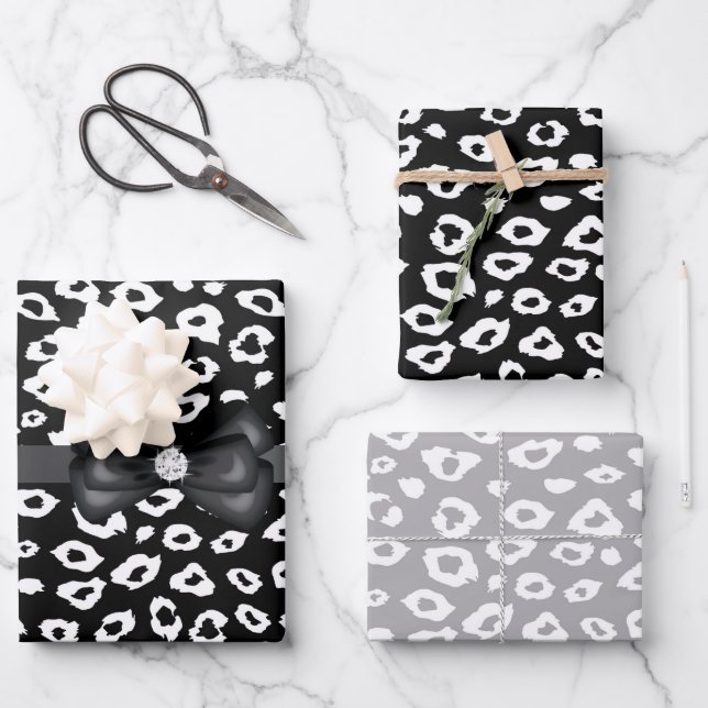 Feuille De Papier Cadeau Impression léopard noir blanc avec nœud papillon A (Recto)