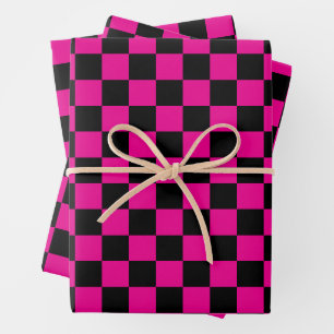 Feuille De Papier Cadeau Imprimé carreauté rose chaud et noir 