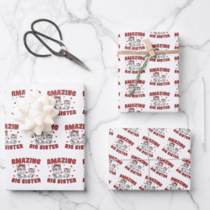 Feuille De Papier Cadeau Incroyable Grande Sœur - Chats Kitty Cœurs Rouges