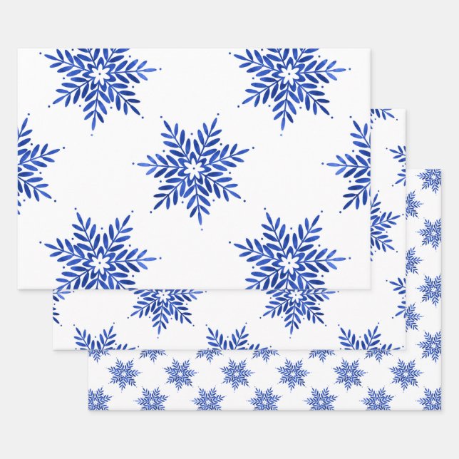 Feuille De Papier Cadeau Indigo Blue Watercolor Snowflake Motif (Lot)