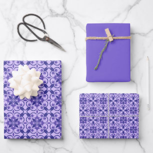 Feuille De Papier Cadeau Indigo profond, violet et floral marocain