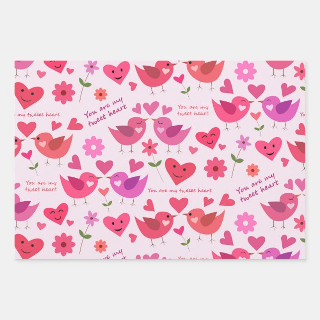 Feuille De Papier Cadeau Inséparables Valentin motif rouge et rose (Devant)