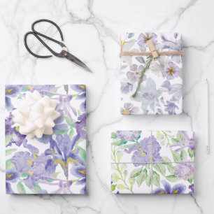 Feuille De Papier Cadeau Iris Floral Aquarelle Jaune Violet