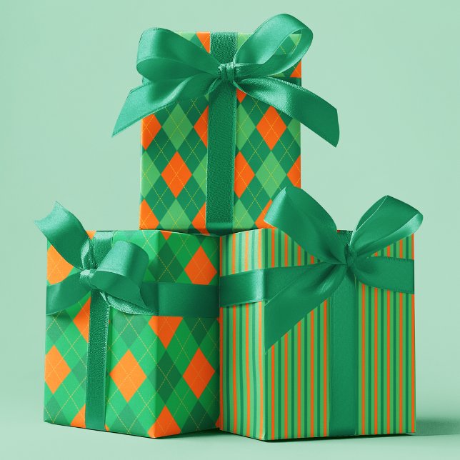 Feuille De Papier Cadeau Irish Green & Orange St. Patrick's Day Motif (Elegant Green and Orange Argyle and Stripes Patterned Wrapping Paper for St Patrick's Day Party.)