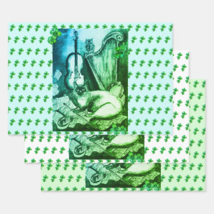 Feuille De Papier Cadeau Irish Harp et St.Patrick's Day Cat Making Music