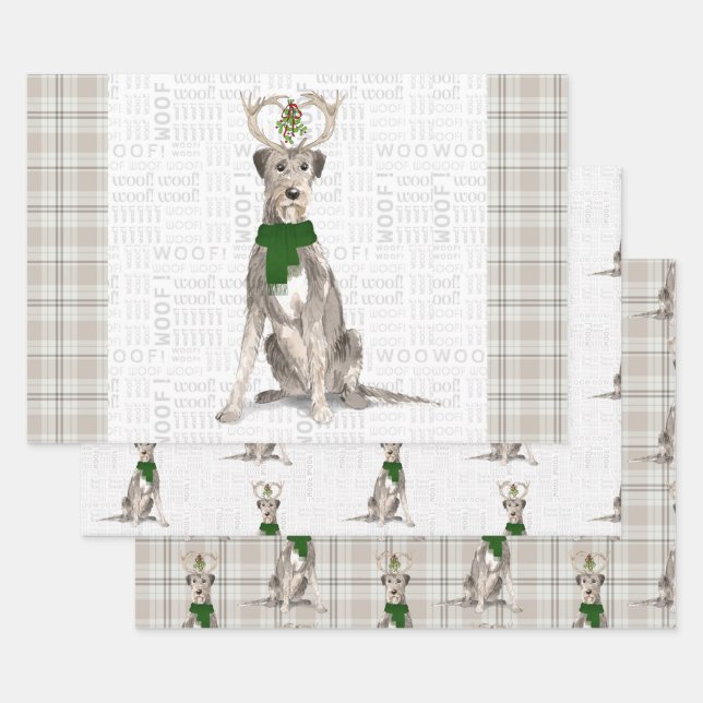 Feuille De Papier Cadeau Irish Wolfhound Christmas Chien et Plaid (Lot)