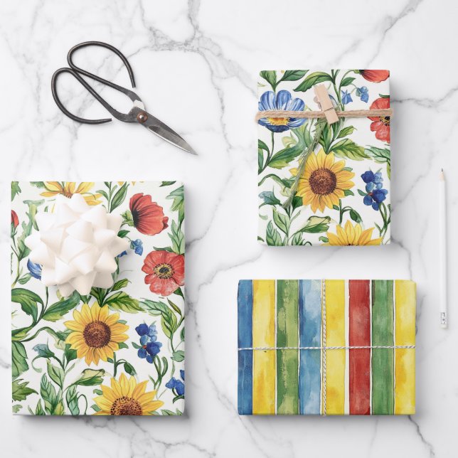 Feuille De Papier Cadeau Italien Bleu Rouge Jaune Floral Rayures Anniversai (Recto)