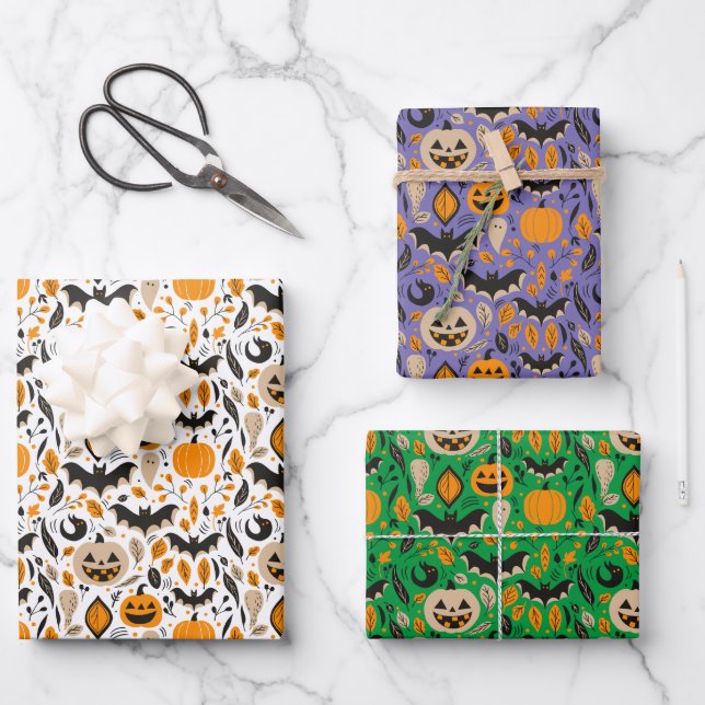Feuille De Papier Cadeau Jack o lanterns chauves-souris fantômes automne mi (Recto)